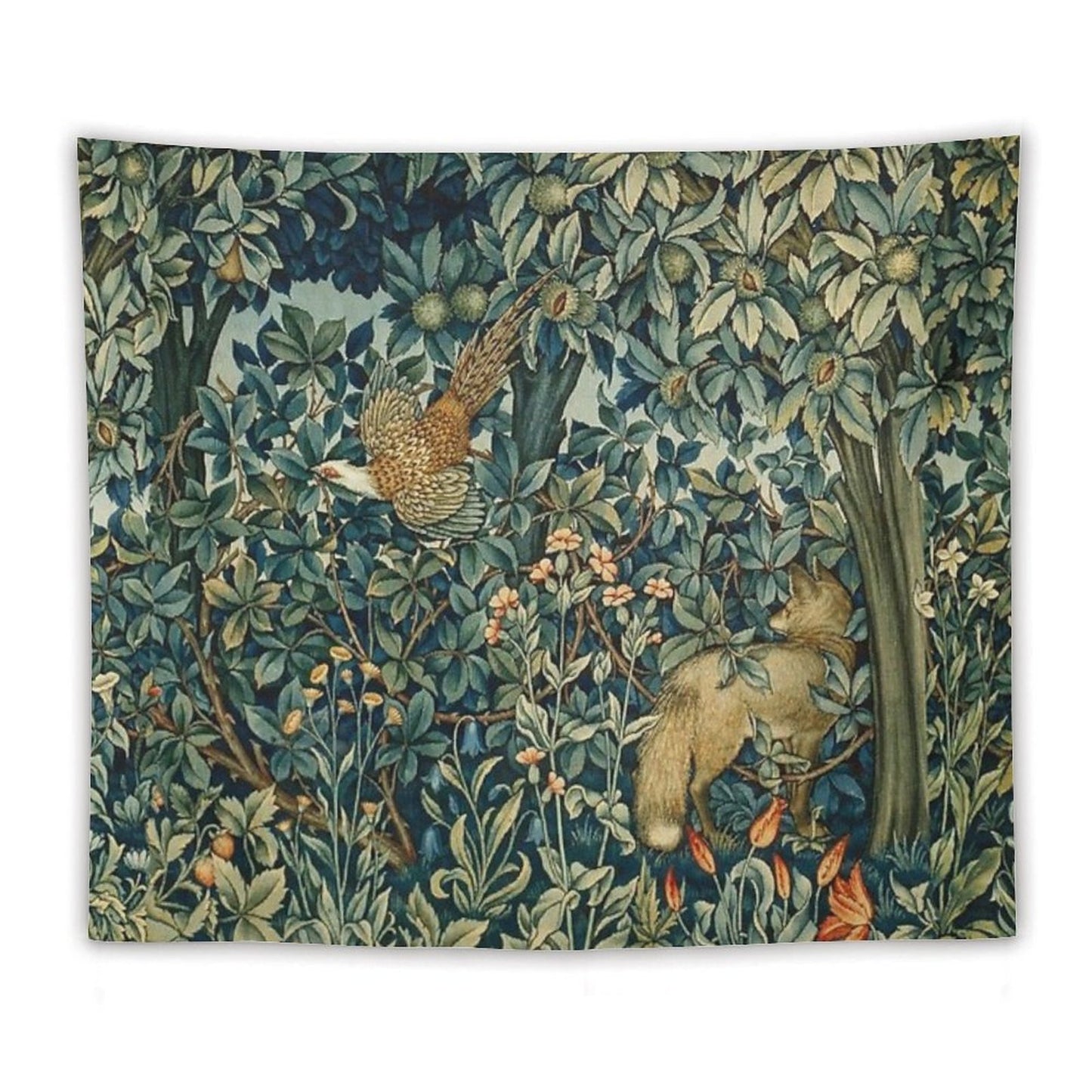 GREENERY, FOREST ANIMALS Pheasant And Fox Blue Green Floral Tapestry Tapestry