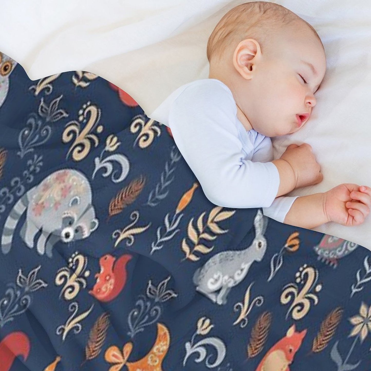 Fairy-tale Forest. Fox, Bear, Raccoon, Owls, Rabbits, Flowers And Herbs on A Blue Background. Throw Blanket