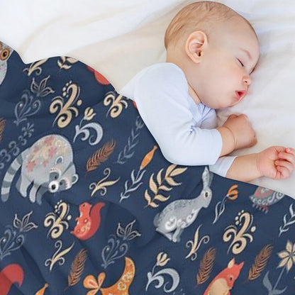 Fairy-tale Forest. Fox, Bear, Raccoon, Owls, Rabbits, Flowers And Herbs on A Blue Background. Throw Blanket