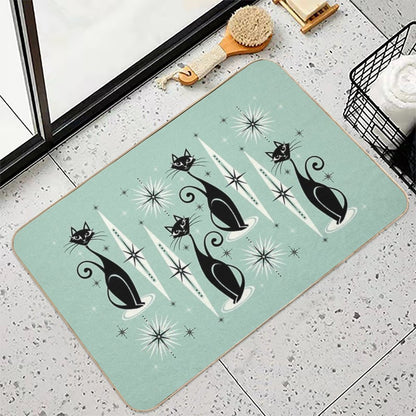 Mid Century Meow Retro Atomic Cats on Vintage Mint ©studioxtine Bath Mat