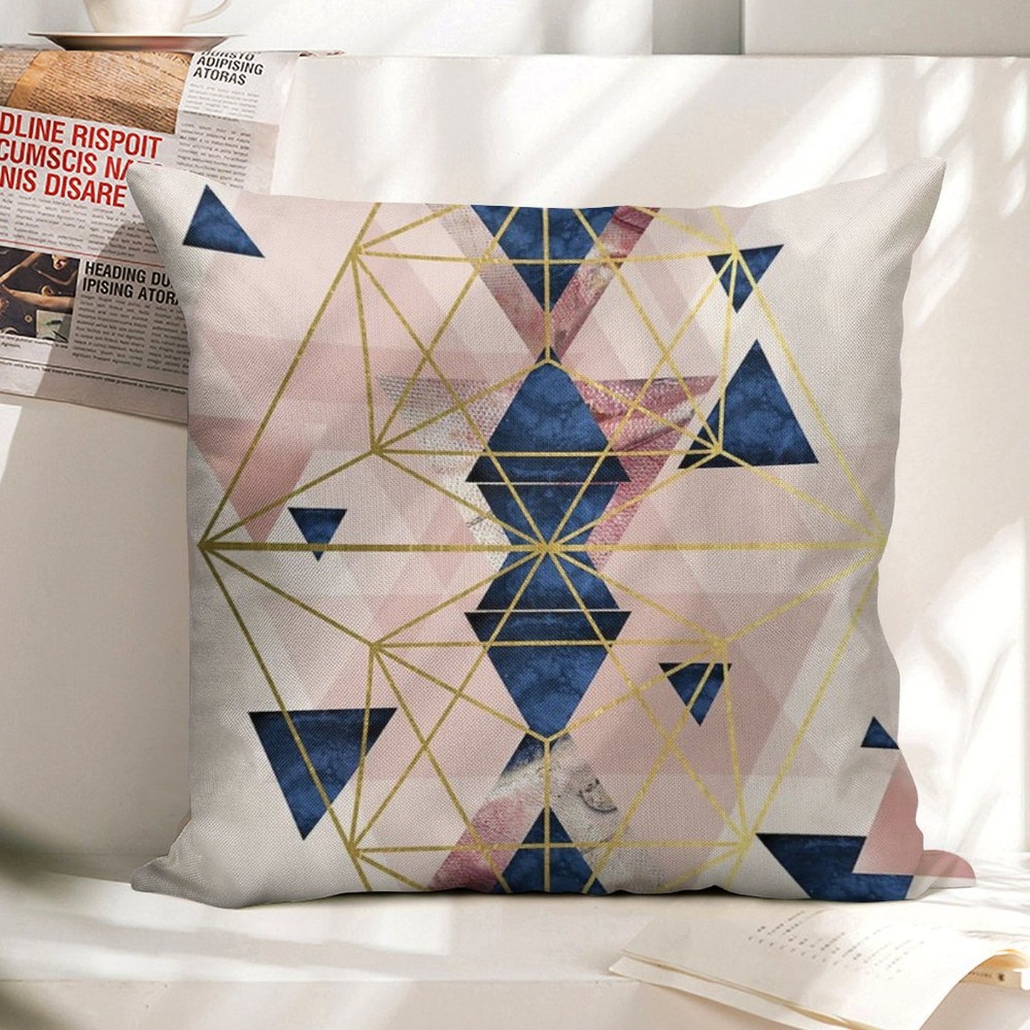 Blush Pink And Navy Geometric Linen Throw Pillow Cover