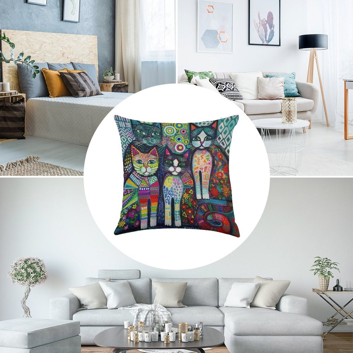 Quirky Cats Linen Throw Pillow Cover