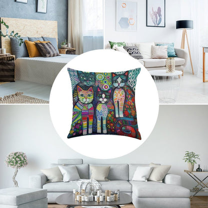 Quirky Cats Linen Throw Pillow Cover