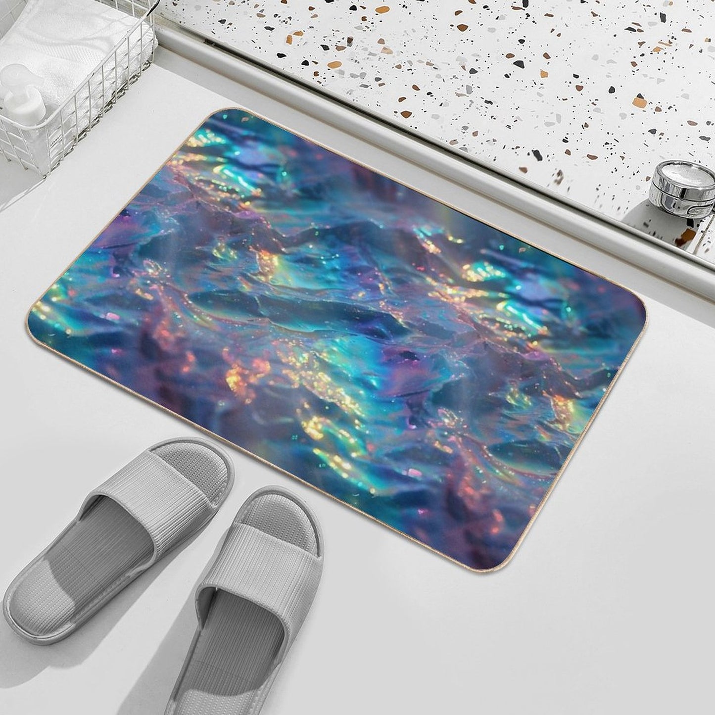Sparkling Blue Rainbow Waves Bath Mat