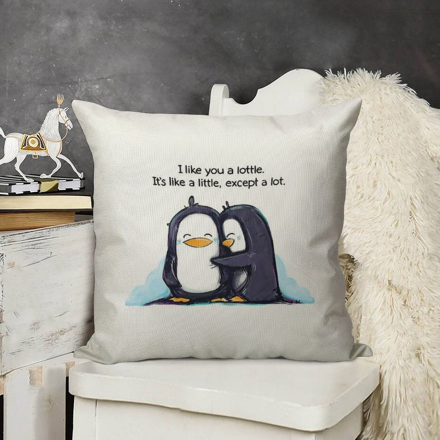 I Like You A Lottle Penguins Linen Throw Pillow Cover