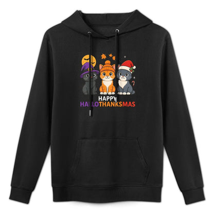 Cat Halloween Christmas Happy Hallothanksmas Thanksgiving Kangaroo Pocket Hoodie