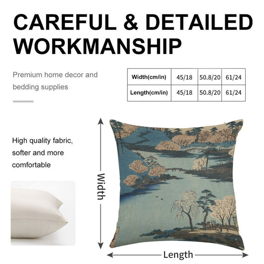 Vintage 1800's Japanese River Landscape Art Linen Throw Pillow Cover