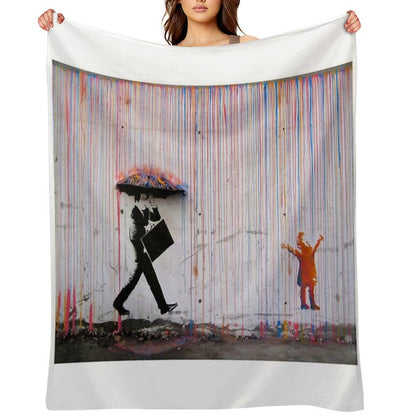 Banksy Umbrella Rainbow Happy Girl Throw Blanket