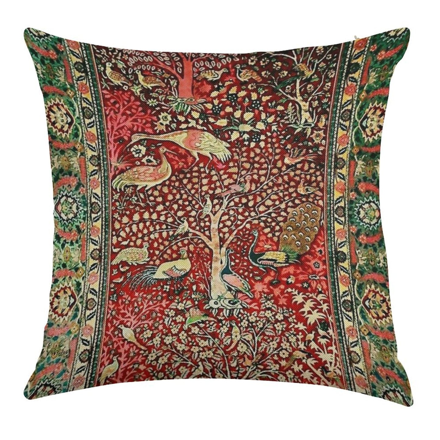 Antique Persian Rug Bird Tree Flowers Ca. 1600 Print Linen Throw Pillow Cover