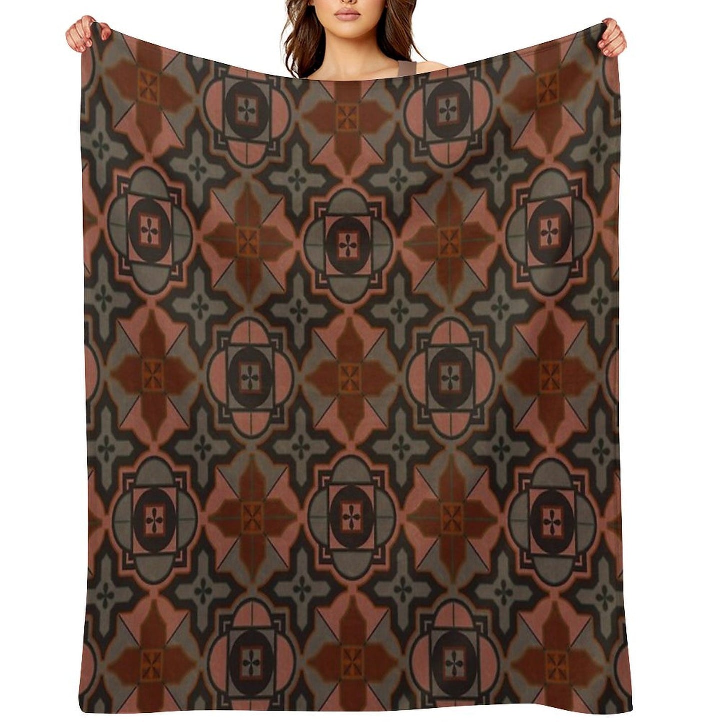 Muted Gray Acorn Brown Arabesque Style Tile Pattern Throw Blanket