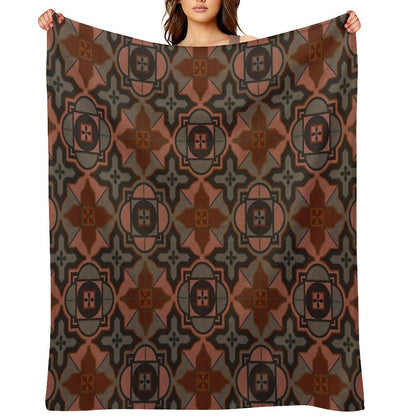 Muted Gray Acorn Brown Arabesque Style Tile Pattern Throw Blanket