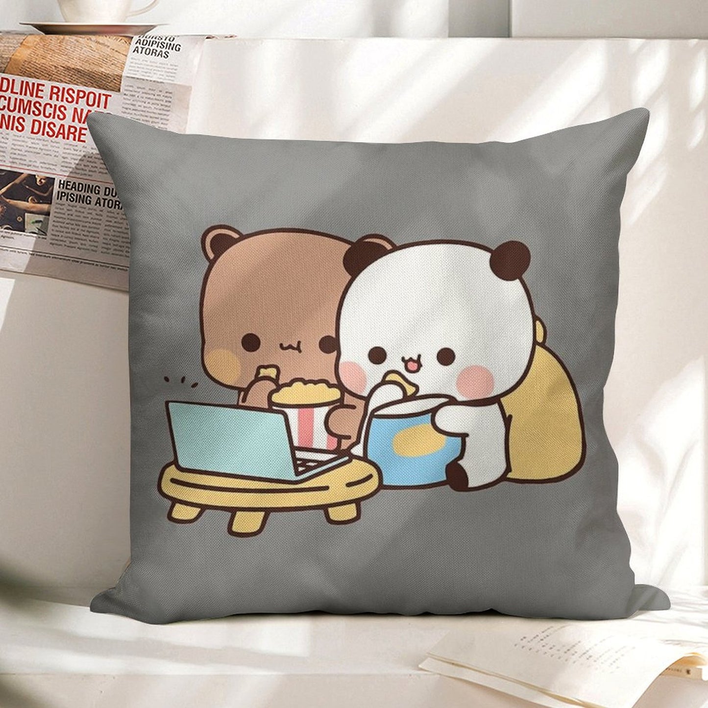 DuDu Bear And BuBu Panda Watching Movie Together❤️ Linen Throw Pillow Cover
