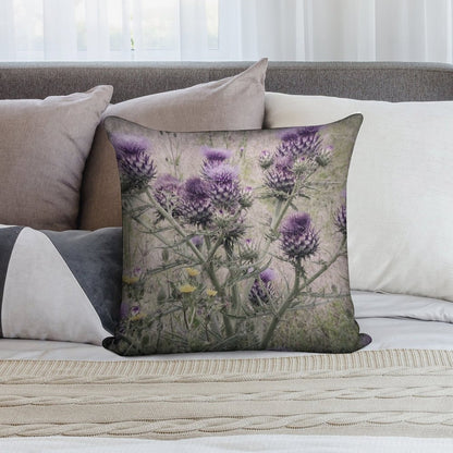 Purple Thistle Flowers with Yellow Daisies. Soft Reinforced Edging Throw Pillow