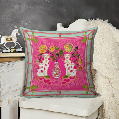Chinoiserie Staffordshire Pink And Coral Linen Throw Pillow Cover