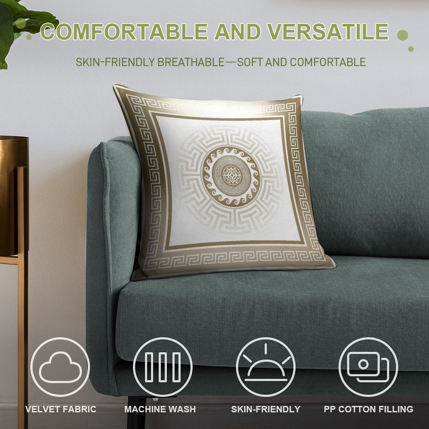 Greek Key Meander Bronze White Soft Fade-Resistant Throw Pillow