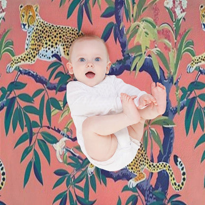 Leopards in Chinoiserie Garden in Blue And Orange Throw Blanket