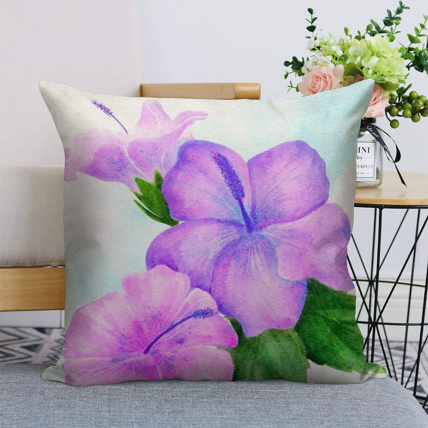Hibiscus Watercolor Linen Throw Pillow Cover