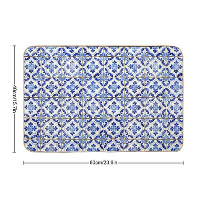 Portuguese Tiles. Blue Flowers And Leaves Bath Mat