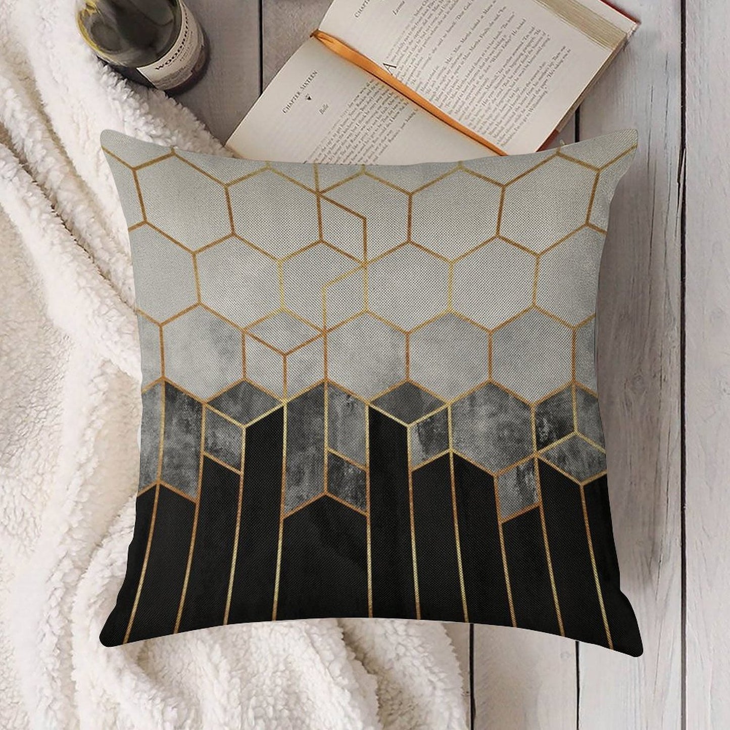 Charcoal Hexagons Linen Throw Pillow Cover