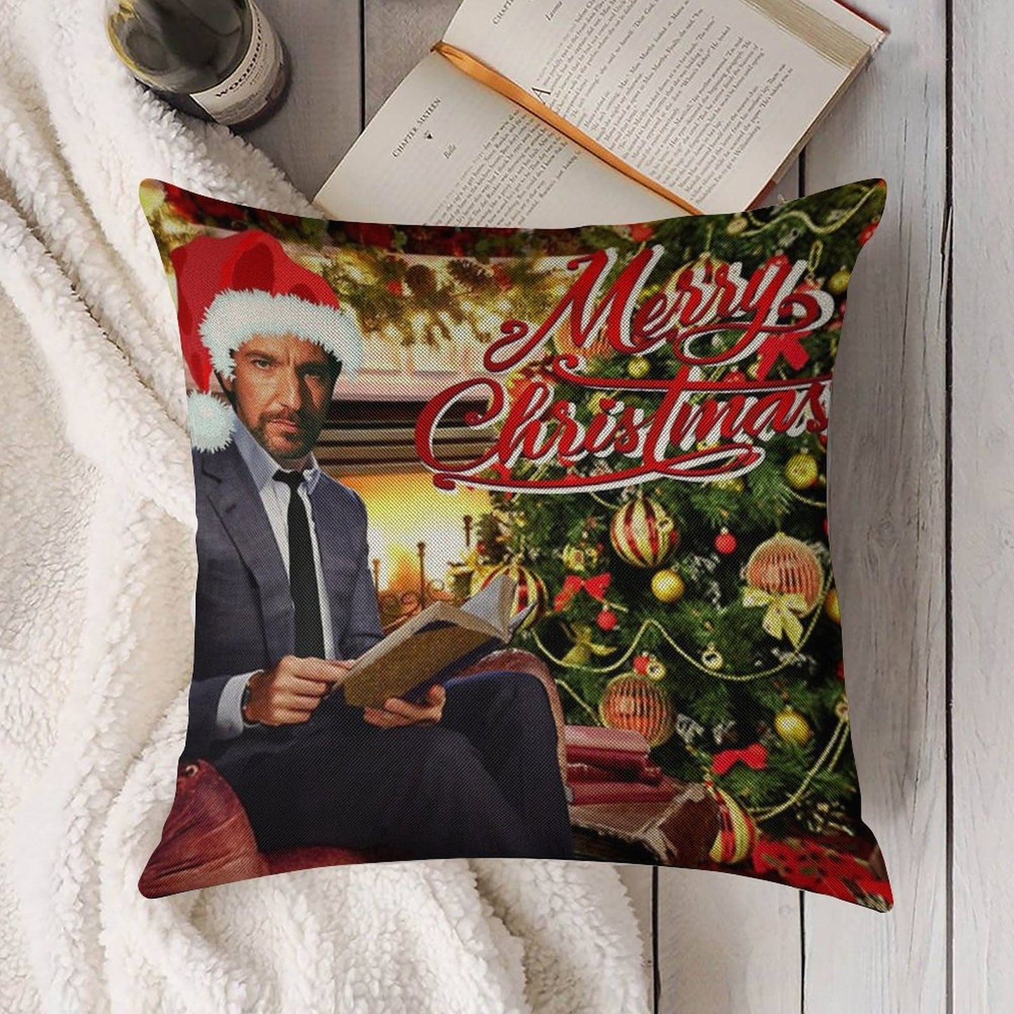 Die Hard Hans Gruber Merry Christmas Linen Throw Pillow Cover