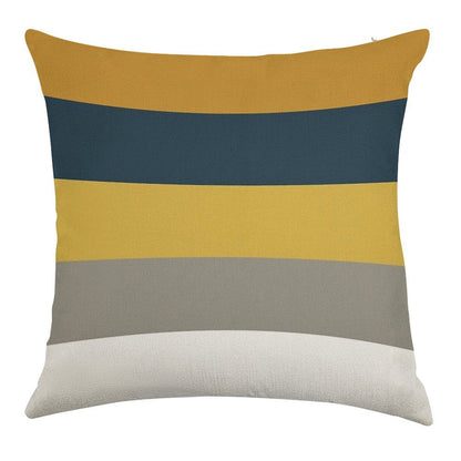 Broad Stripes Pattern in Light And Dark Mustard Yellow, Grey, White, And Navy Blue Linen Throw Pillow Cover