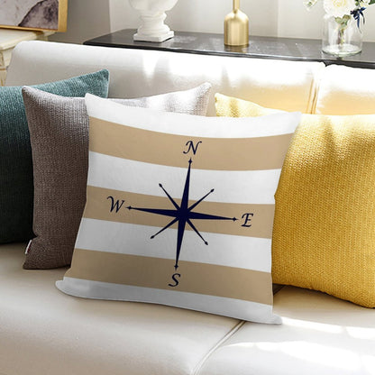 Nautical Navy Blue Compass On Tropical Tan And White Stripes Soft Durable Construction Throw Pillow