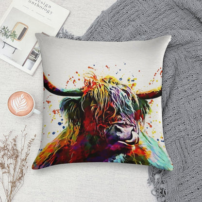 Highland Cow Watercolor Art Work Soft Durable Construction Throw Pillow