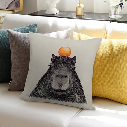 Capybara  Orange  Capy Yuzu  Capybara with Orange on Head  His Name - Gort  Portrait Soft Fade-Resistant Throw Pillow