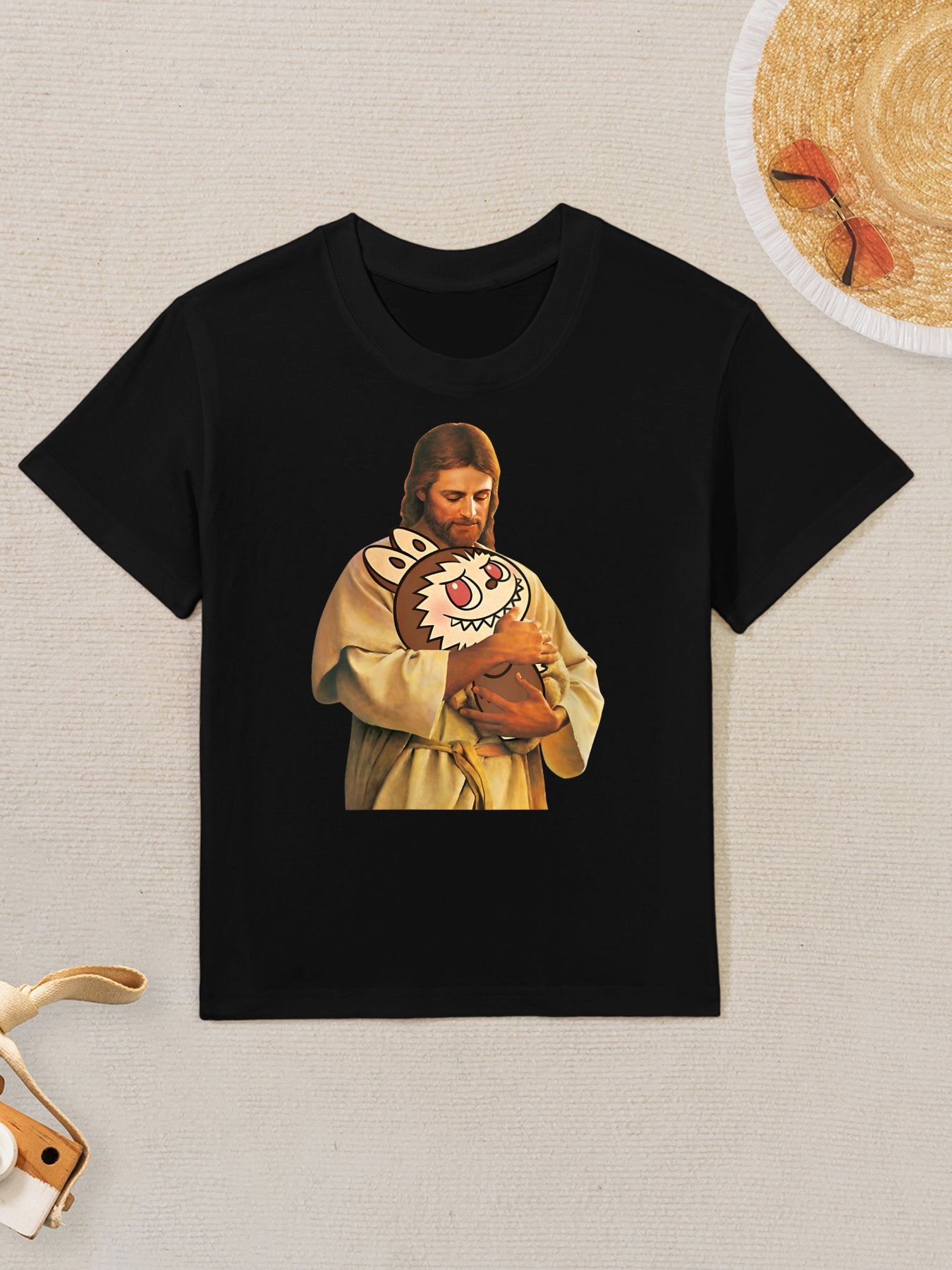 Womens Funny Meme Labubu Lover Cute Jesus Holding Labubu Joke Humor Kids T-Shirt