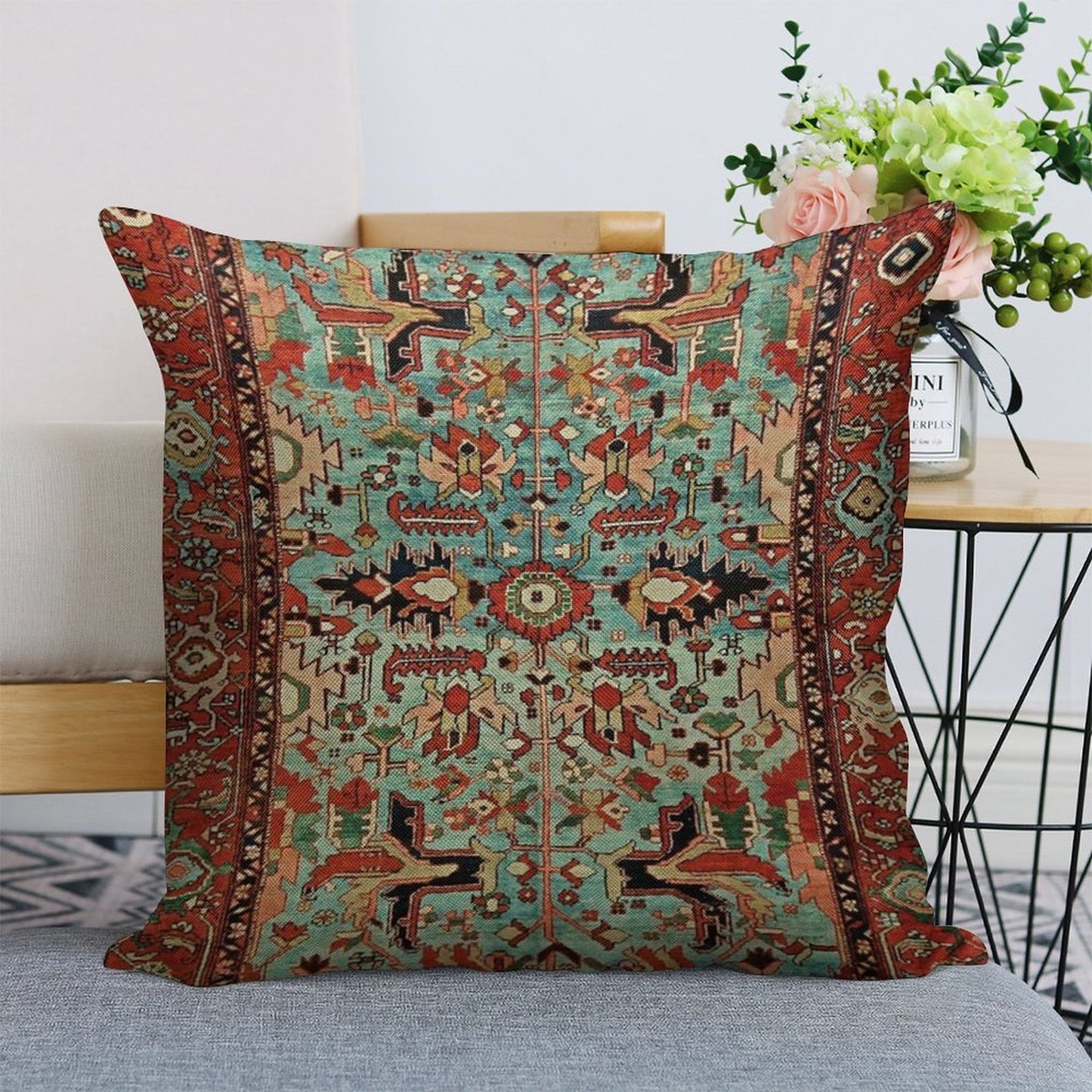Antique Heriz Persian Carpet Print Linen Throw Pillow Cover