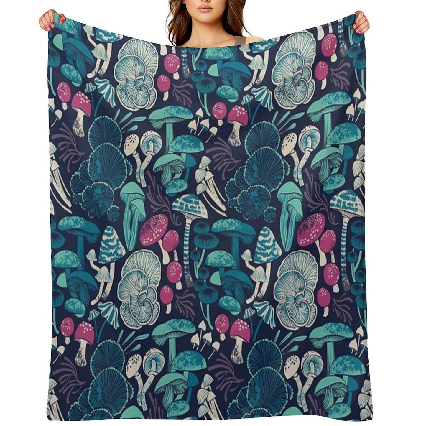 Mystical Fungi  Midnight Blue Background Mint Teal And Dark Pink Wild Mushrooms Throw Blanket