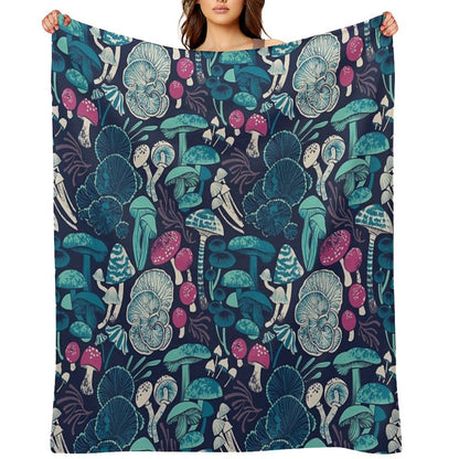 Mystical Fungi  Midnight Blue Background Mint Teal And Dark Pink Wild Mushrooms Throw Blanket