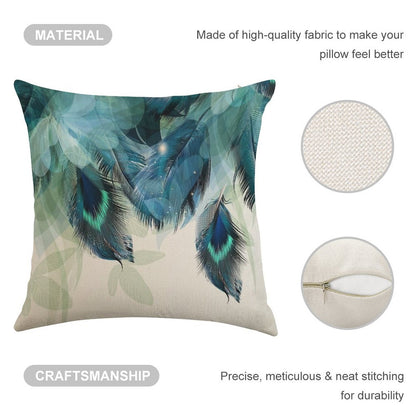 Peacock Feathers Turquoise Linen Throw Pillow Cover