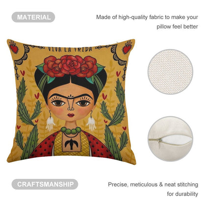 Frida Kahlo Illustration Linen Throw Pillow Cover
