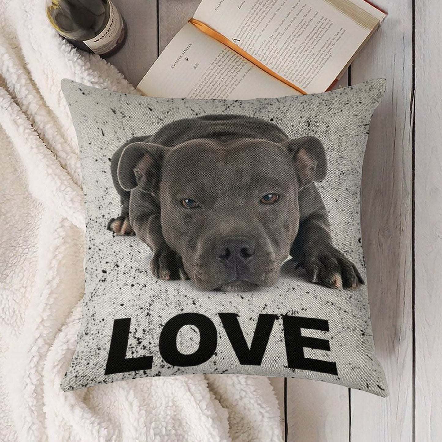 Love Is 4 Paws & Waggy Tail Blue Staffordshire Bull Terrier Linen Throw Pillow Cover