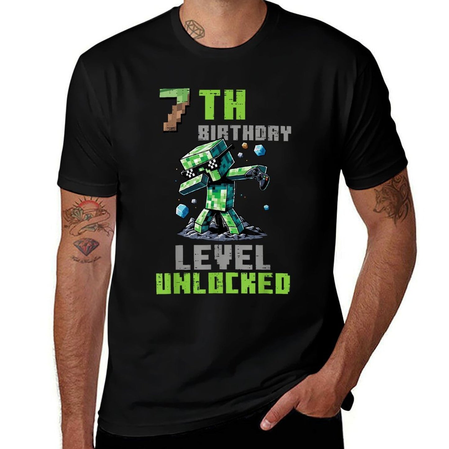 7th Birthday Level Unlocked Pixel Dab 7 Bday Gamer Boys Kids  Graphic-printed T-Shirt