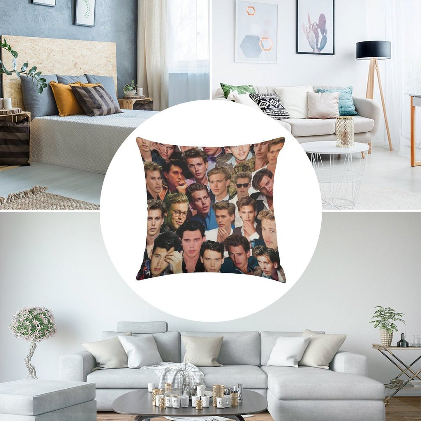 Austin Butler Photo Collage Linen Throw Pillow Cover