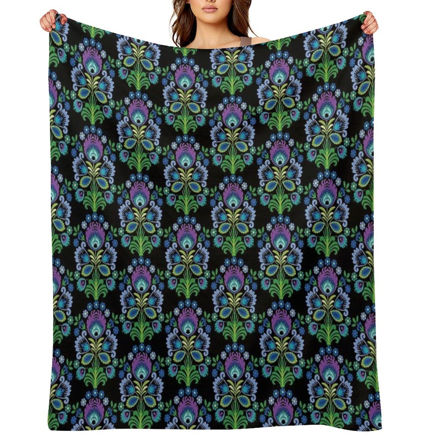 Polish Folk Flowers Purple on Black Throw Blanket
