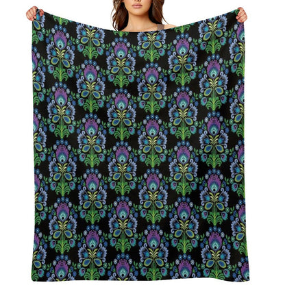 Polish Folk Flowers Purple on Black Throw Blanket