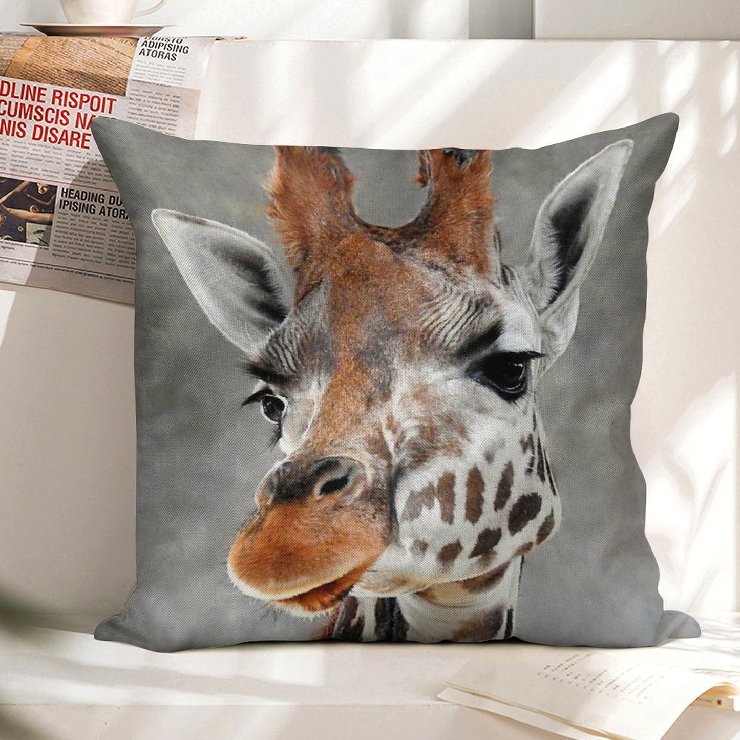Giraffe on Grey Linen Throw Pillow Cover