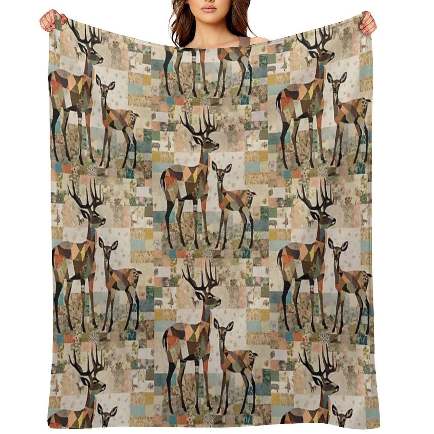 Patchwork Collage Deer with Deer, Art Color Illustration Throw Blanket
