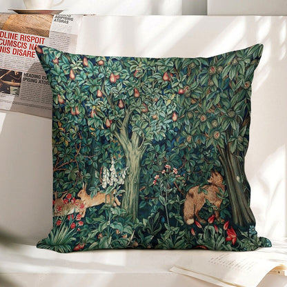 GREENERY, FOREST ANIMALS Fox And Hares Blue Green Floral Tapestry Linen Throw Pillow Cover