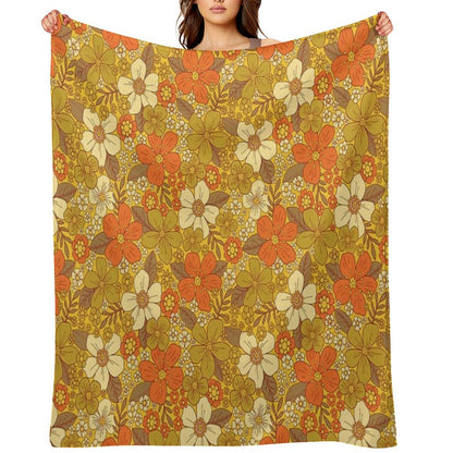 Retro 60s70s Orange & Olive Green Floral Throw Blanket