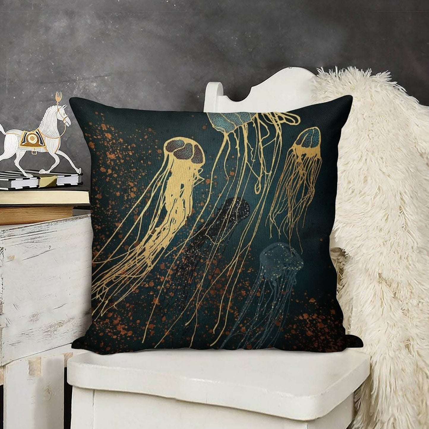 Metallic Jellyfish Linen Throw Pillow Cover