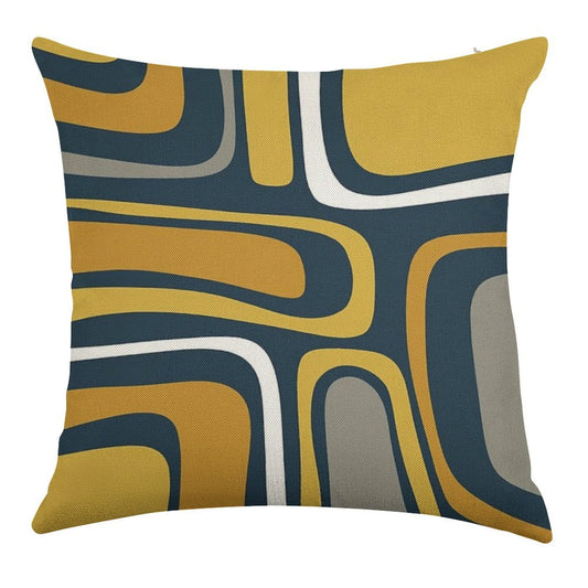 Palm Springs Mid-Century Modern Abstract Pattern in Light And Dark Mustard, Gray, And White on Navy Blue Linen Throw Pillow Cover