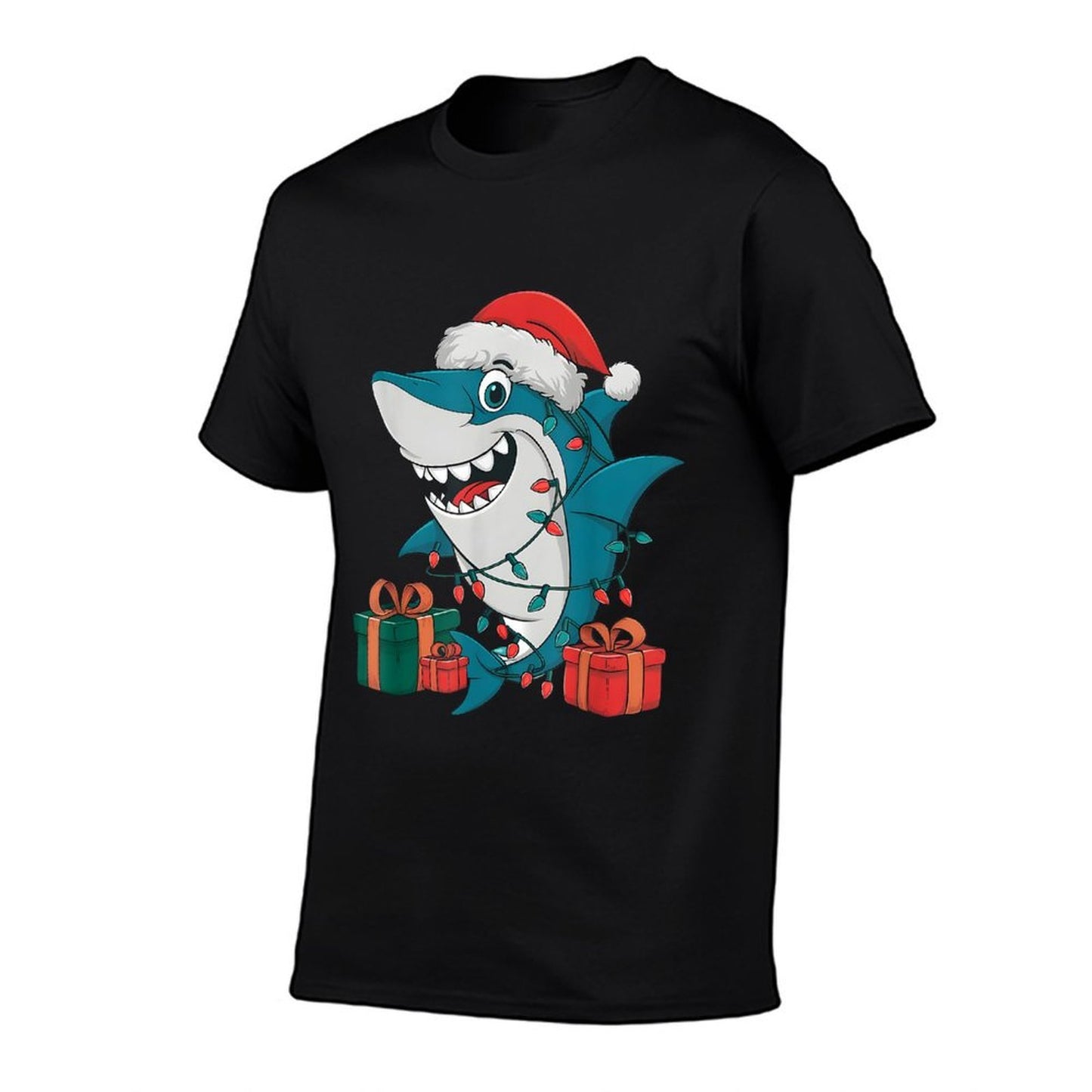 Xmas Lighting Santa Hat Shark Christmas  Fade-proof Color T-Shirt