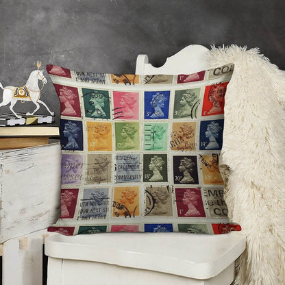British Postage Stamps with A Queen Elizabeth Profile. Linen Throw Pillow Cover