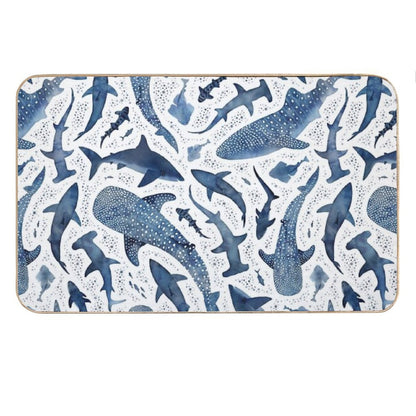 Monochrome Blue Watercolour Shark Ocean on White Bath Mat