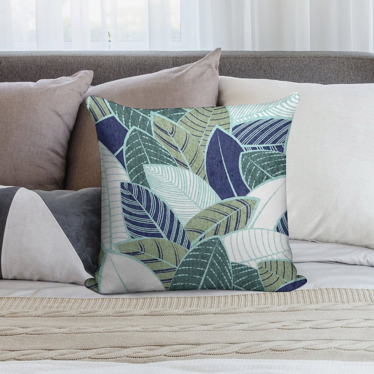 Leaf Wall  Navy Blue Pine And Sage Green Leaves Mint Lines Soft Gift Ready Throw Pillow