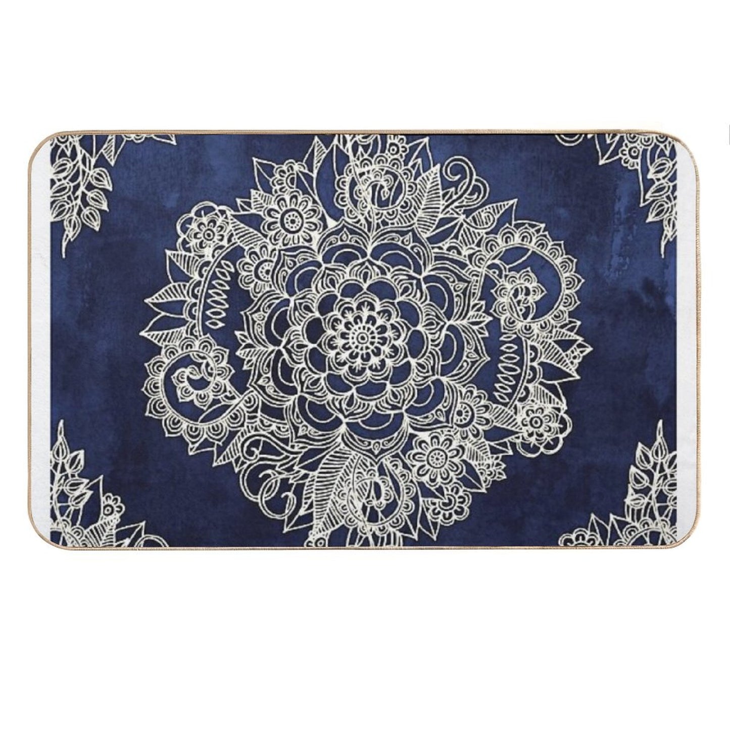 Cream Floral Moroccan Pattern on Deep Indigo Ink Bath Mat
